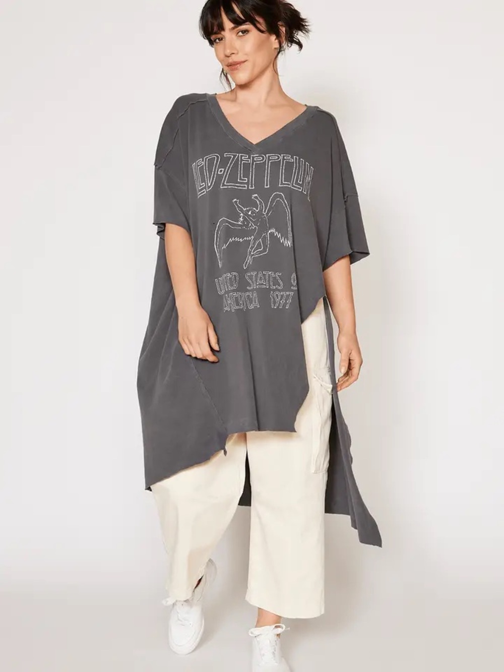 People of Leisure Led Zepplin Vintage Graphic V-Neck Side Slit Tunic Top - Gray